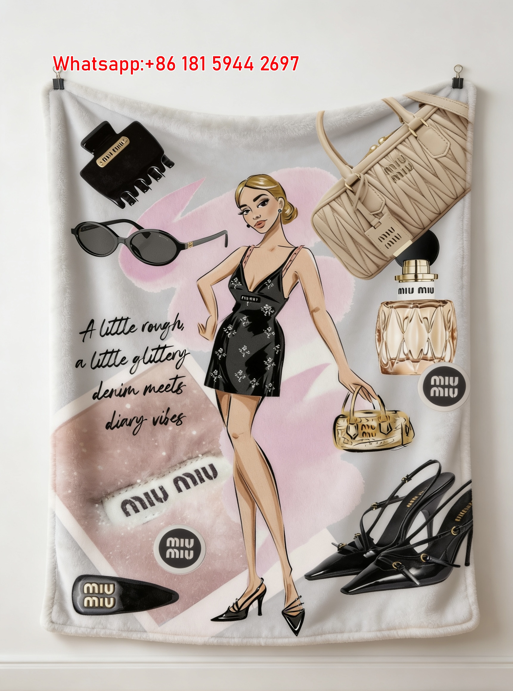 Miu Miu Black & Pink Fashion Illustration Printed Flannel Sofa Throw Blanket IMG_0495